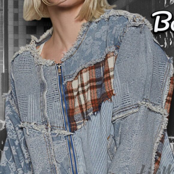 POL Distressed Grunge Denim Flanel Plaid Patch Zipper Front Street Jean Jacket - Picture 3 of 11